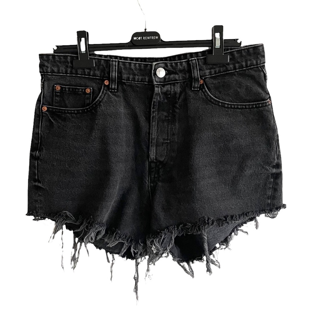 ZARA Black High Waisted Cut Off Denim Jean Shorts Button Fly 12